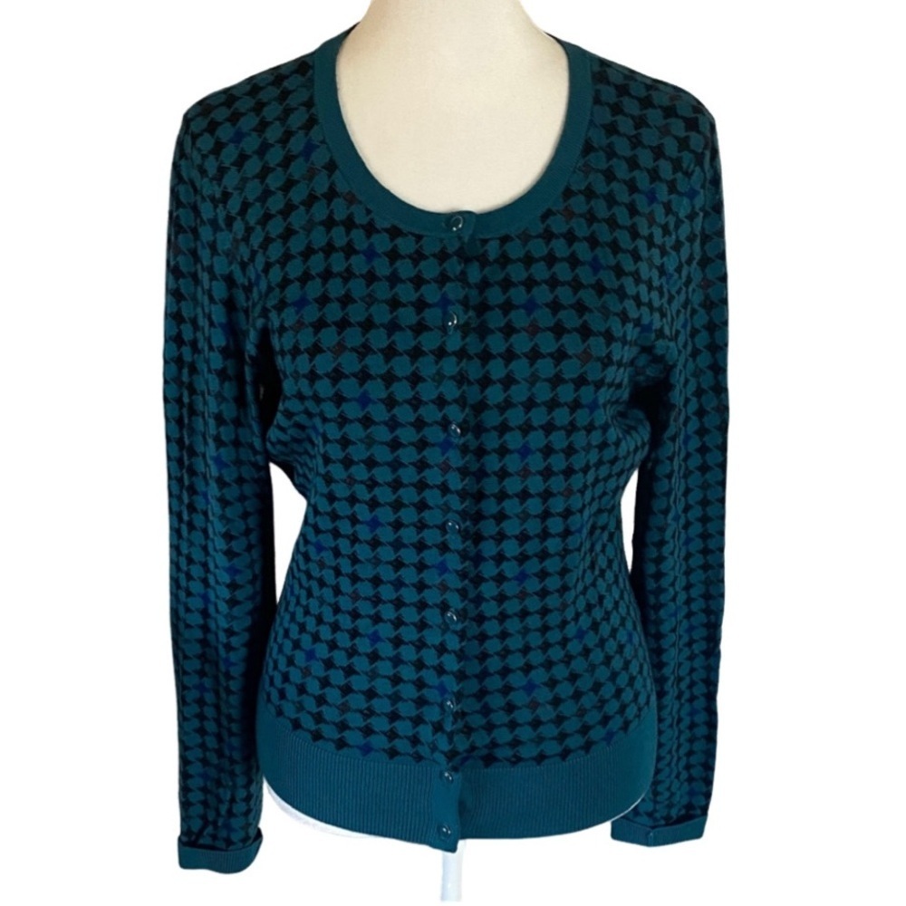 Halogen Teal and Black Patterned Cardigan. Button up. Size M.